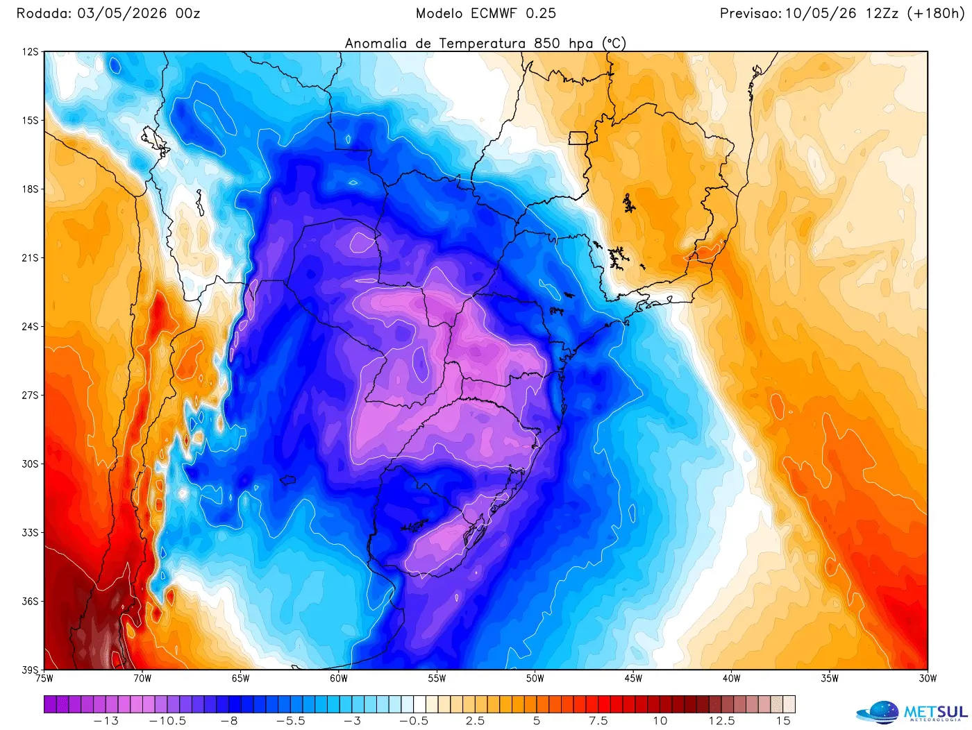 Mapa mostra projeção da massa de ar polar que trará onda de frio