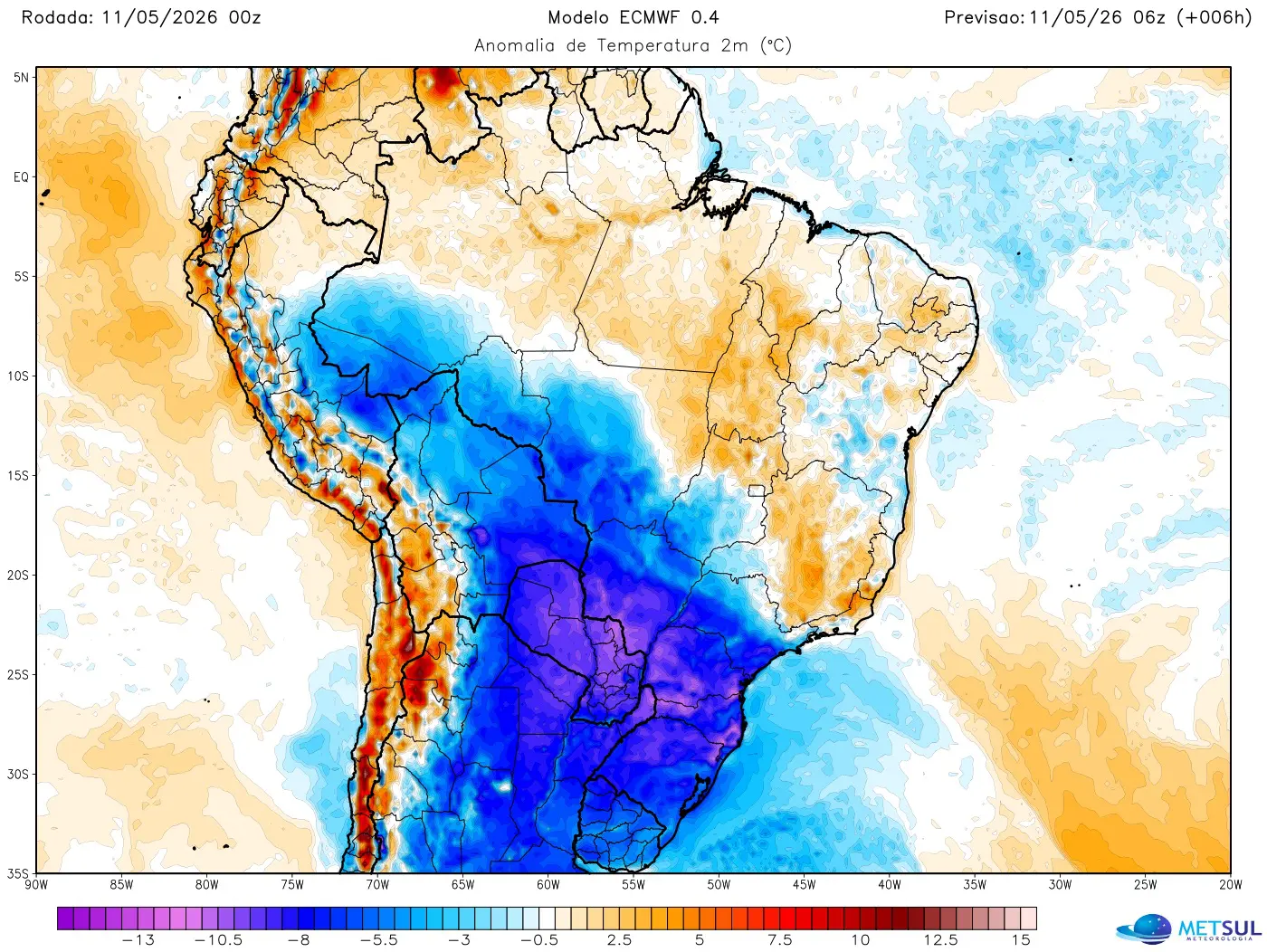 Mapa da onda de frio no Brasil