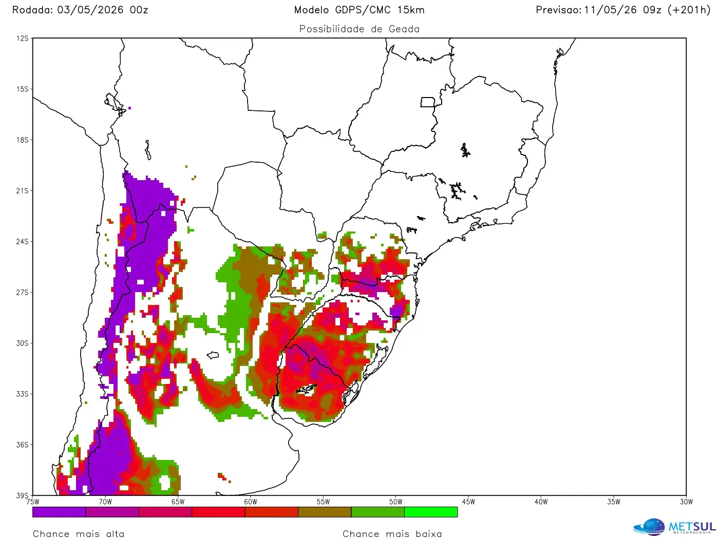 Mapa de projeção de geada com a onda de frio