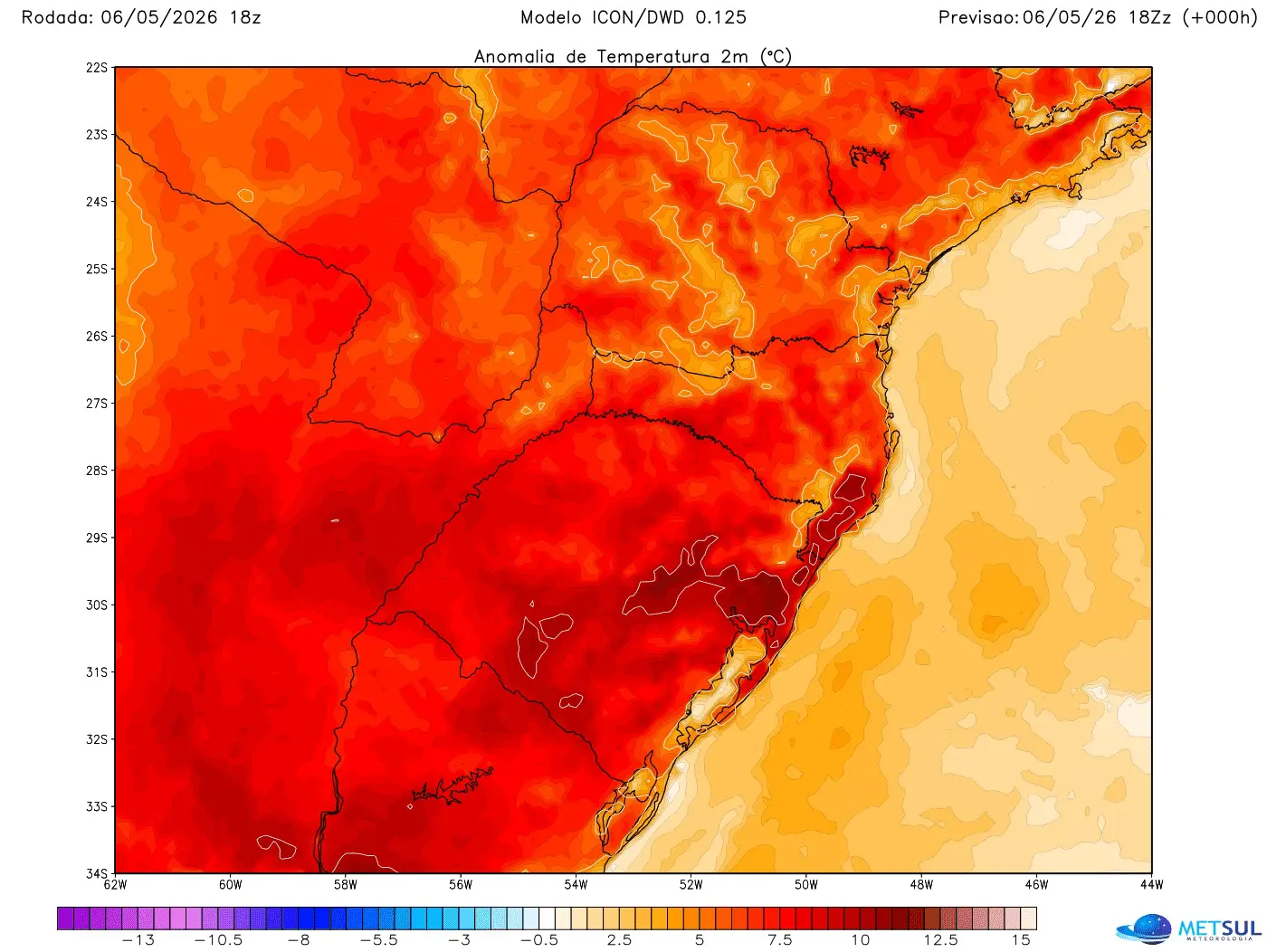 Mapa de anomalia de temperatura mostra calor