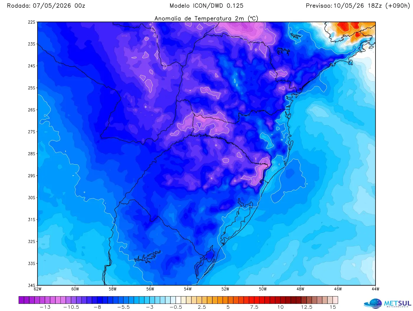 Mapa de anomalia de temperatura mostra frio