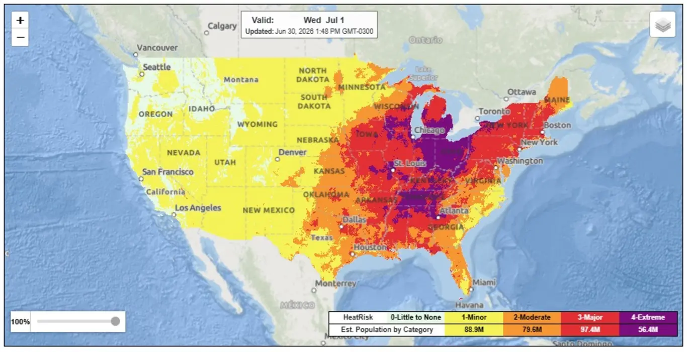 Mapa de risco de calor nos Estados Unidos 