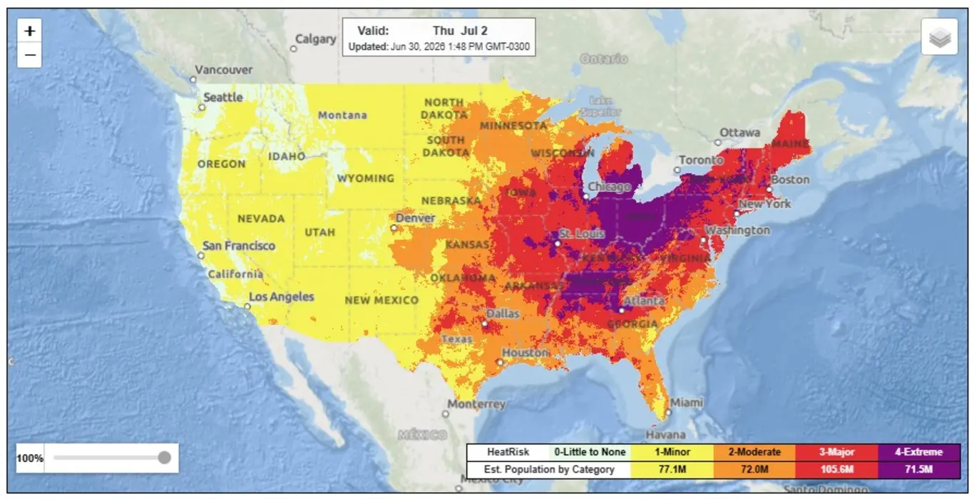 Mapa de risco de calor nos Estados Unidos 