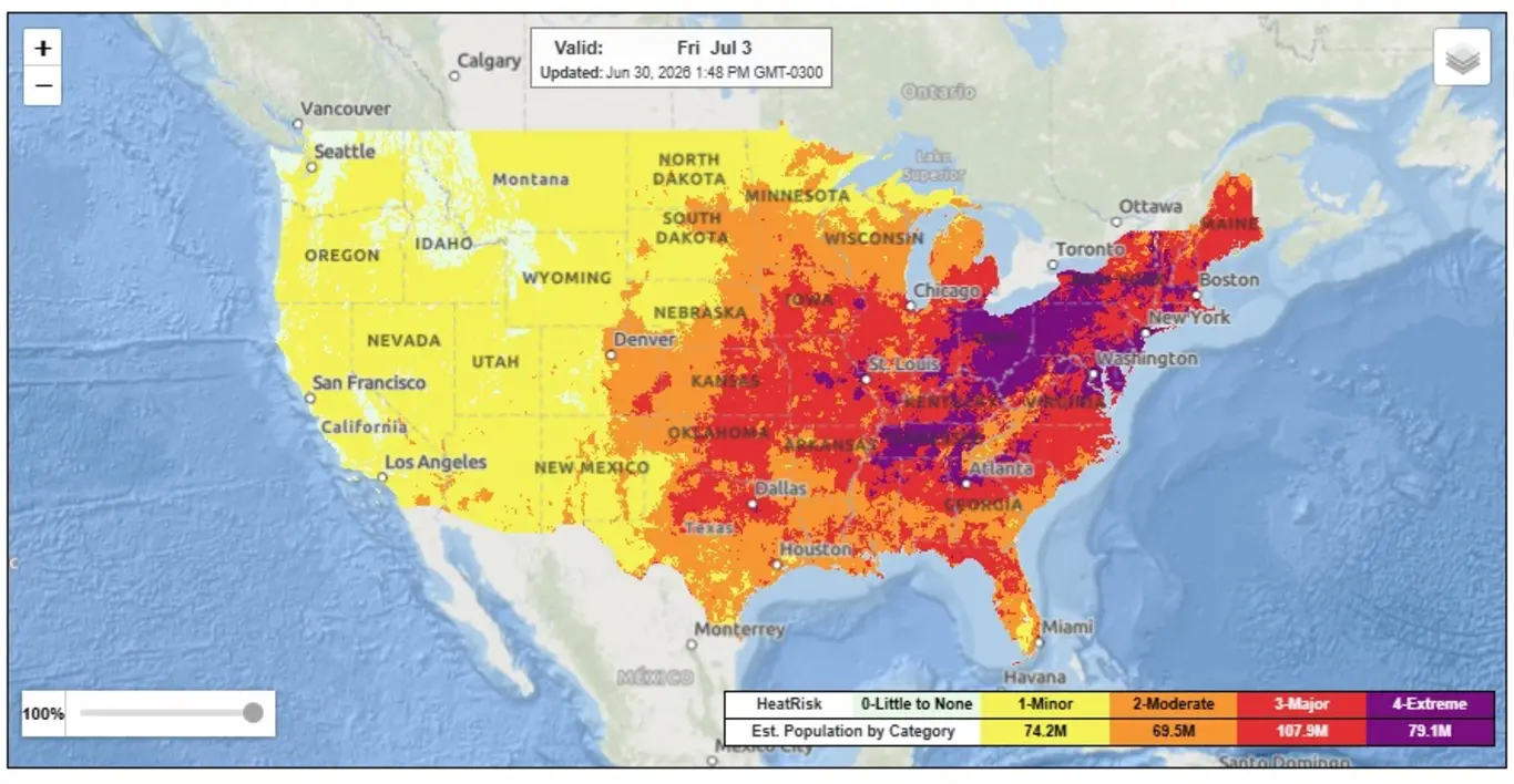 Mapa de risco de calor nos Estados Unidos 