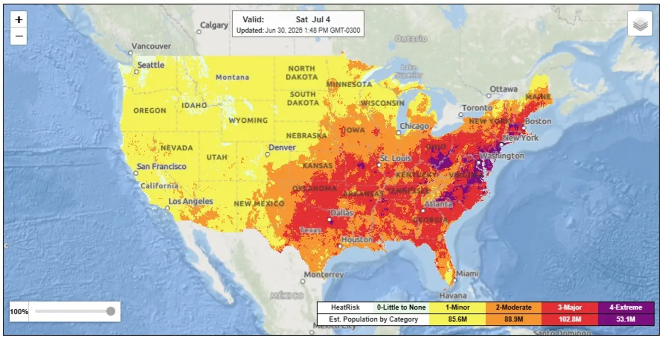 Mapa de risco de calor nos Estados Unidos 
