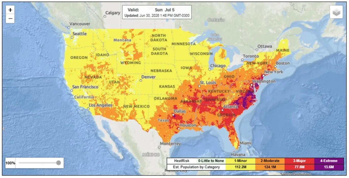 Mapa de risco de calor nos Estados Unidos 
