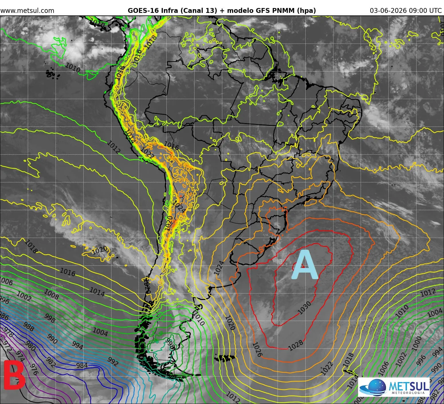 Imagem de satélite com indicativo da alta pressão atmosférica