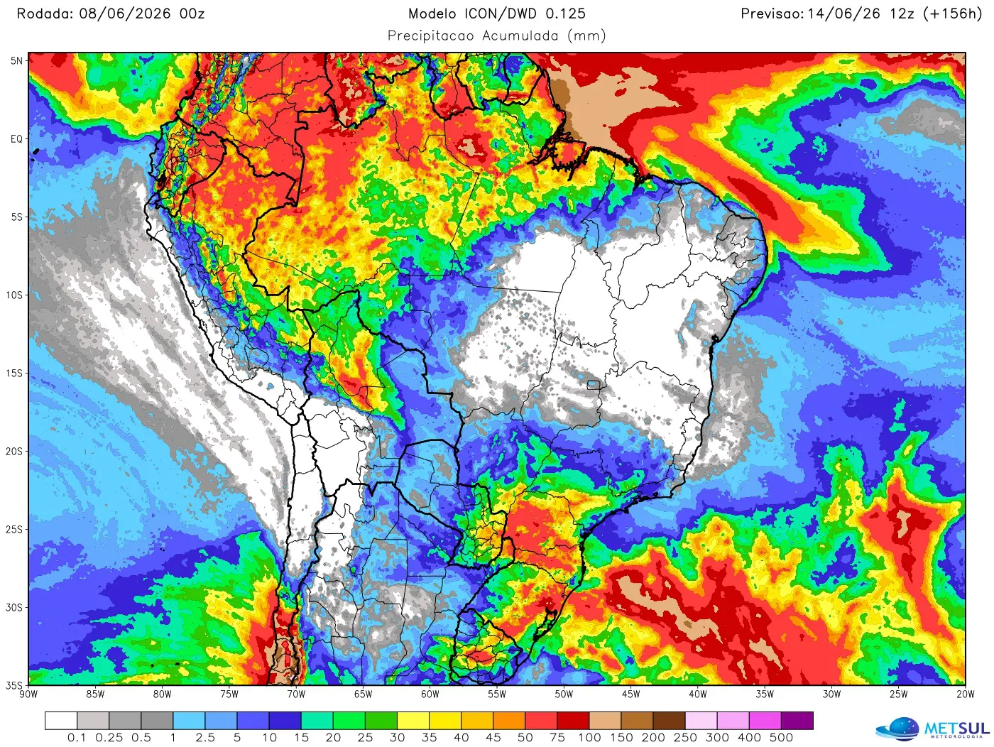 Mapa mostra chuva no Brasil na semana 