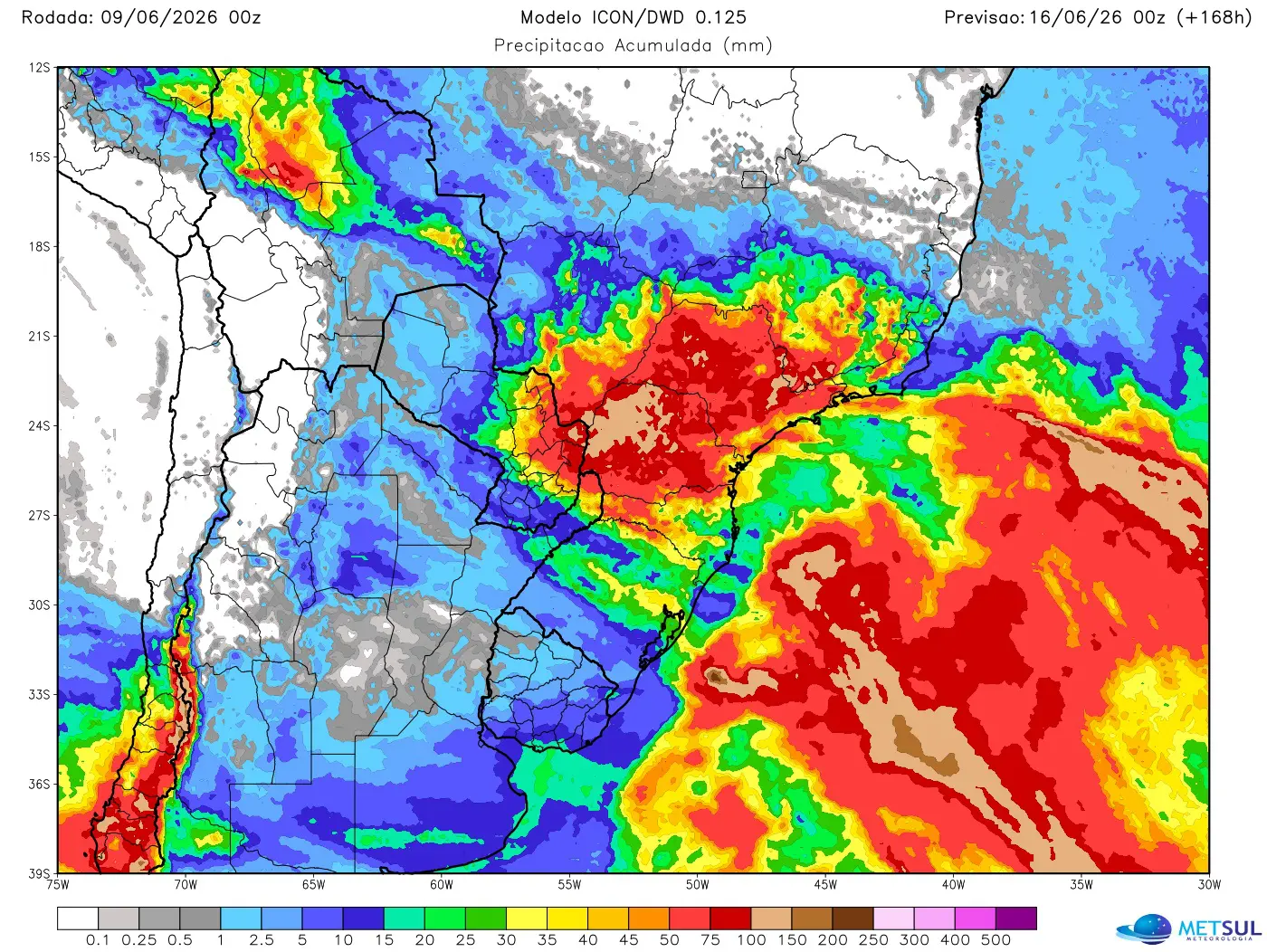 Mapa de chuva do modelo europeu no Centro-Sul do Brasil nos próximos sete dias