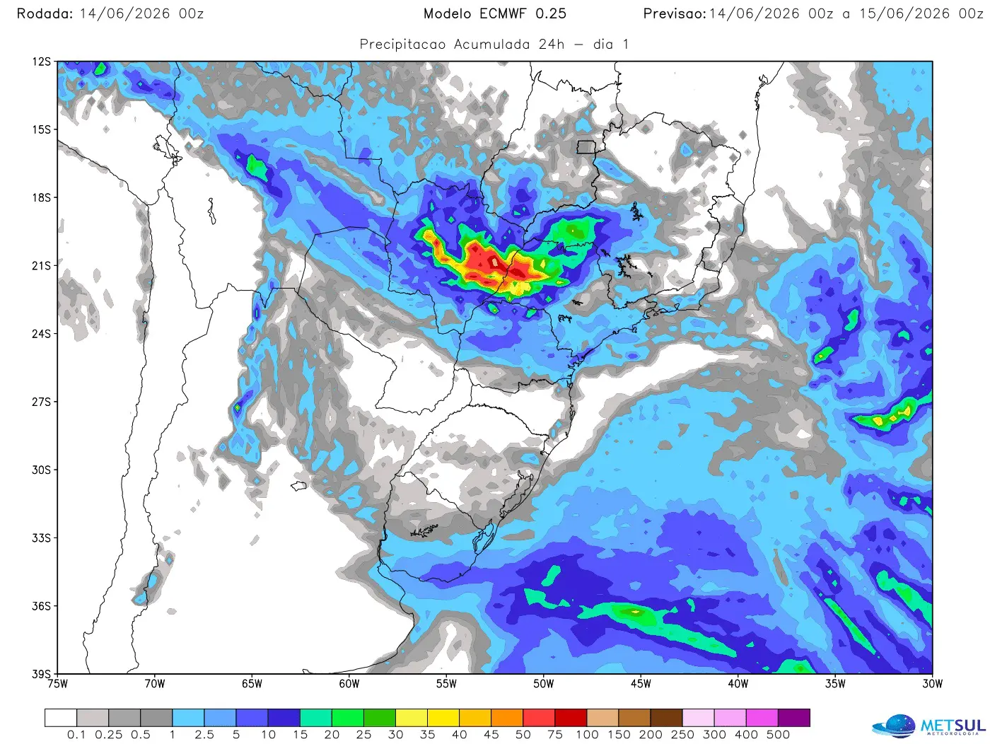 Mapa de chuva diária no Centro-Sul do Brasil