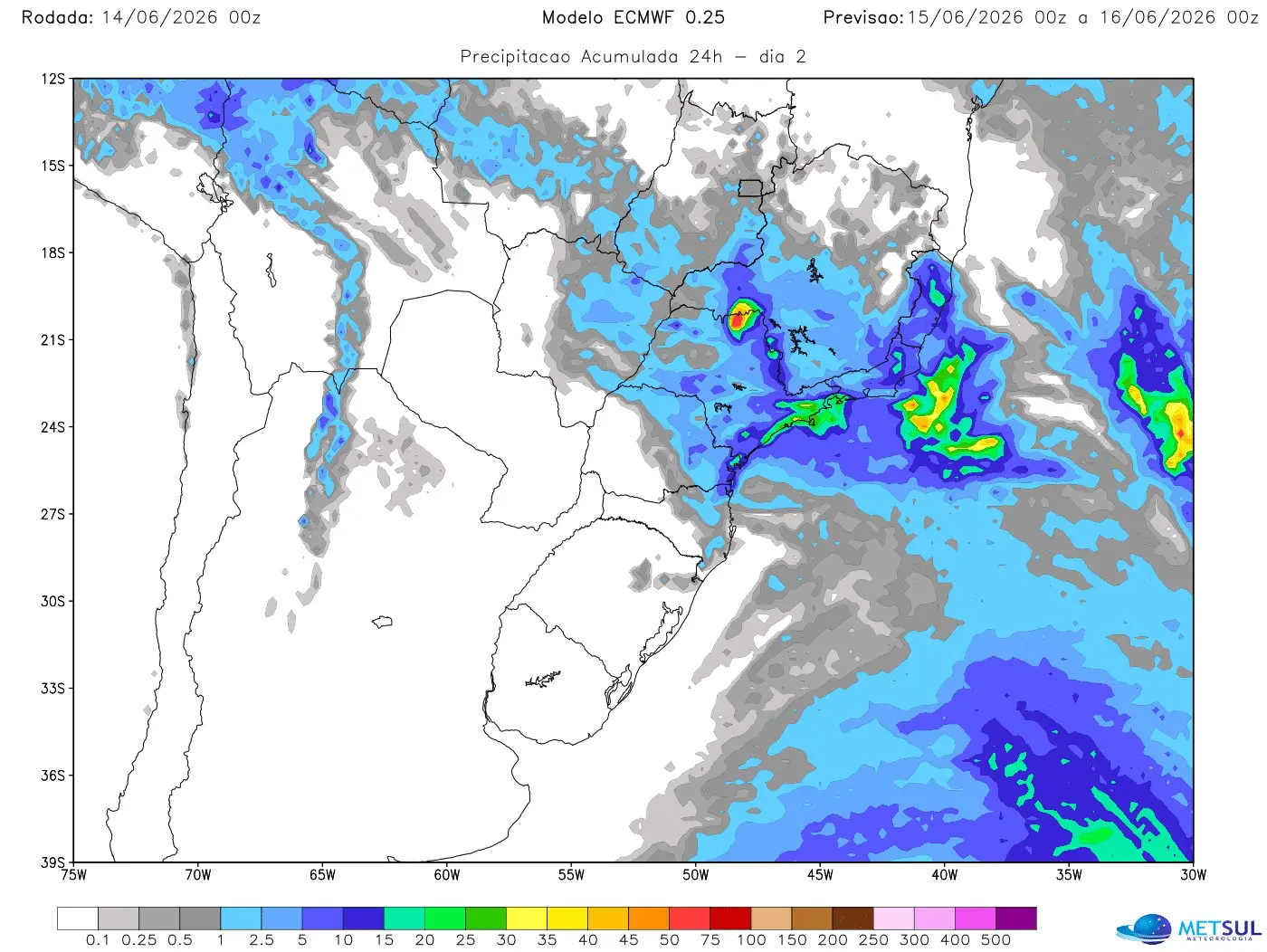 Mapa de chuva diária no Centro-Sul do Brasil