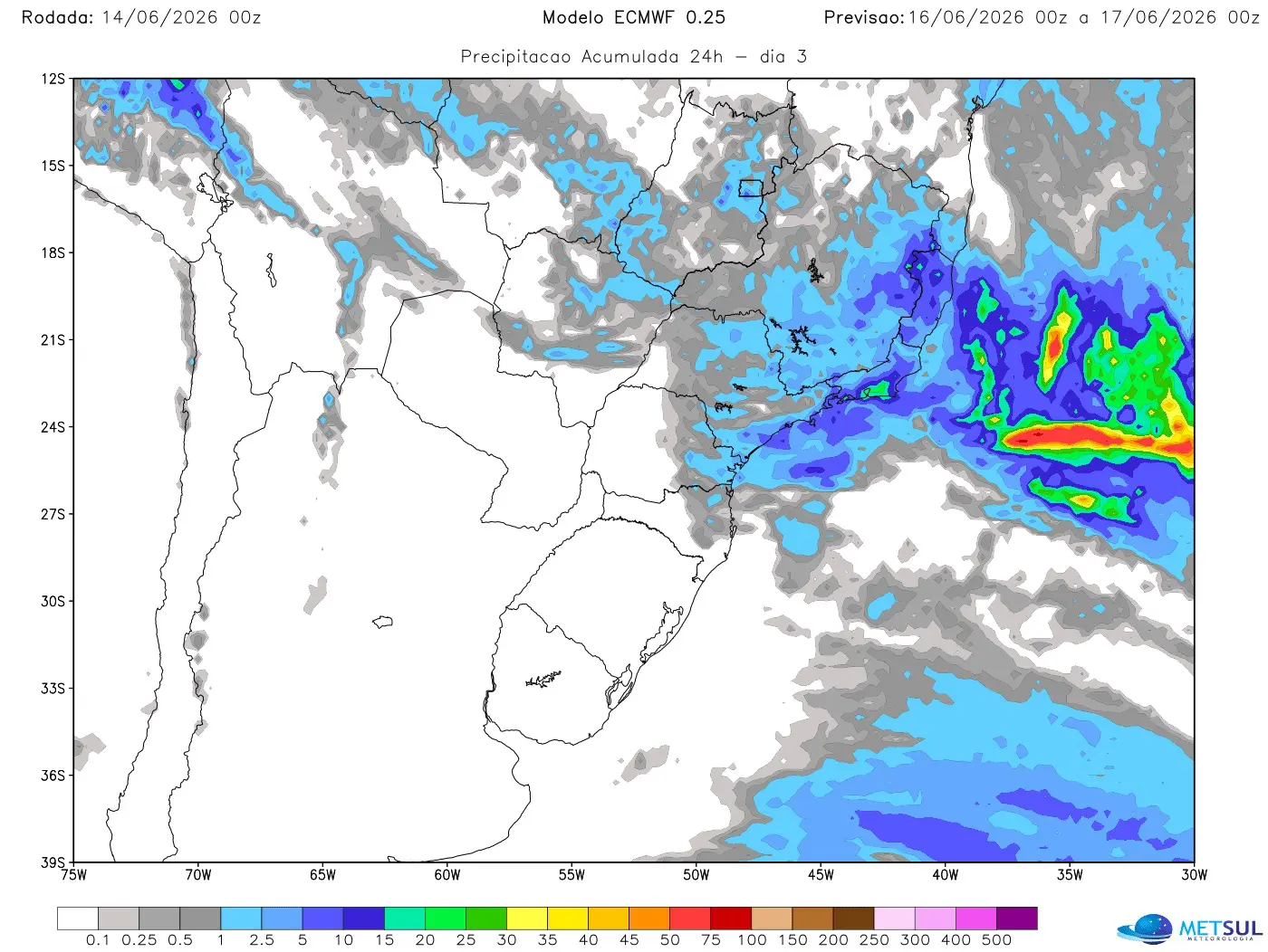 Mapa de chuva diária no Centro-Sul do Brasil