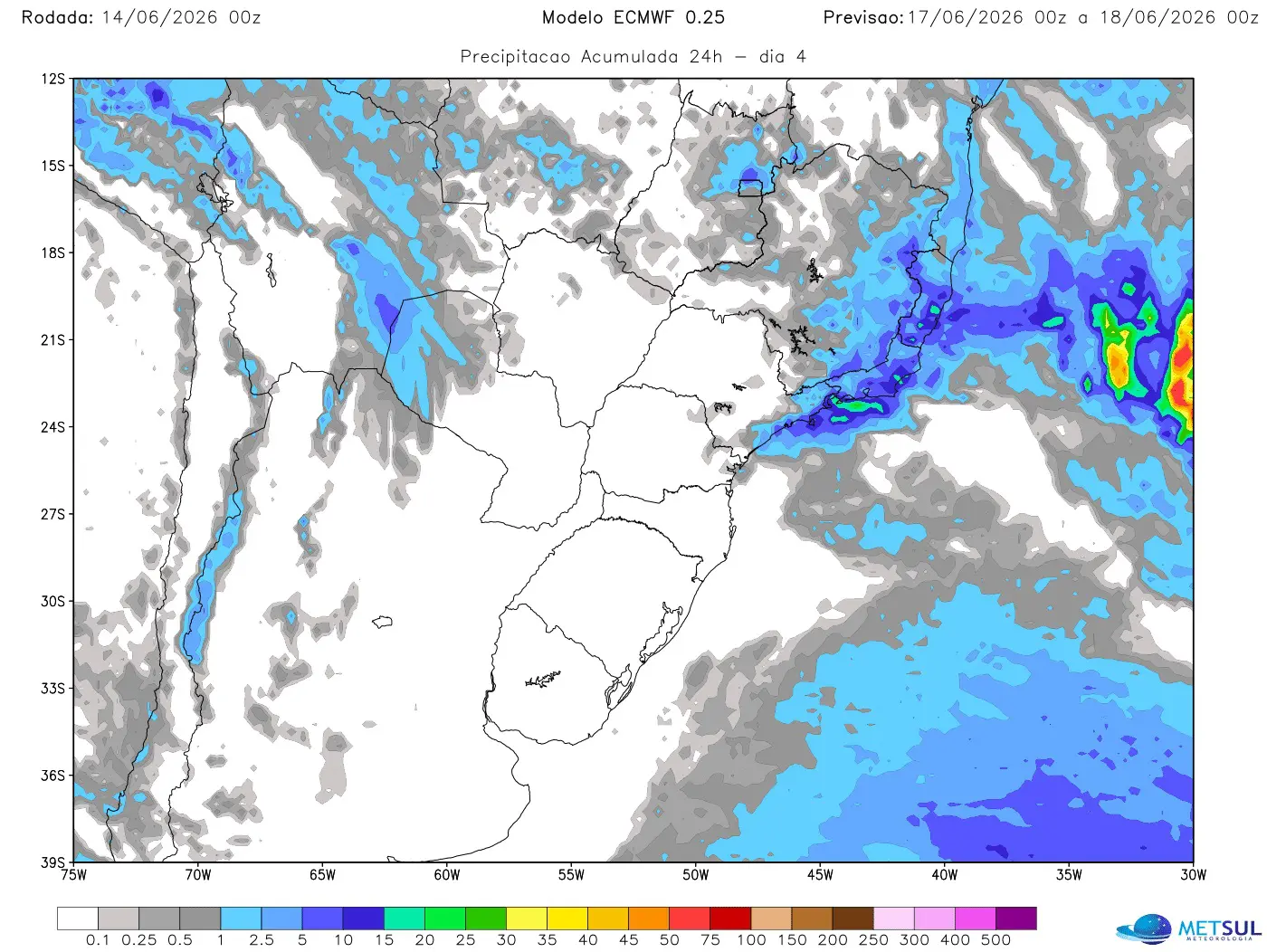 Mapa de chuva diária no Centro-Sul do Brasil