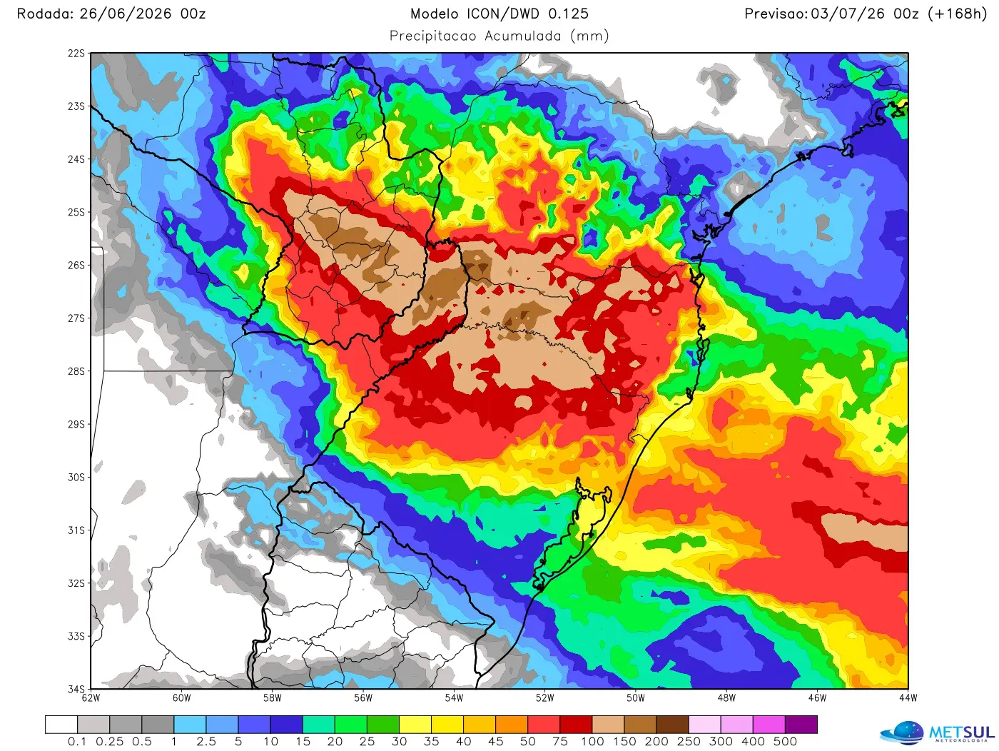 Projeção de modelo de chuva para sete dias no Sul do Brasil 