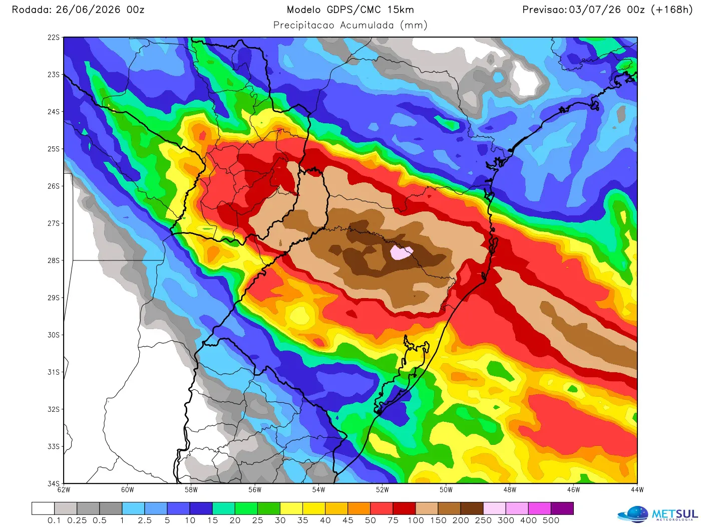 Projeção de modelo de chuva para sete dias no Sul do Brasil 