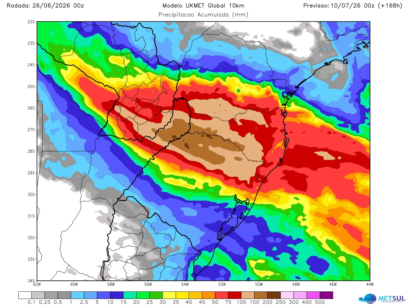 Projeção de modelo de chuva para sete dias no Sul do Brasil 