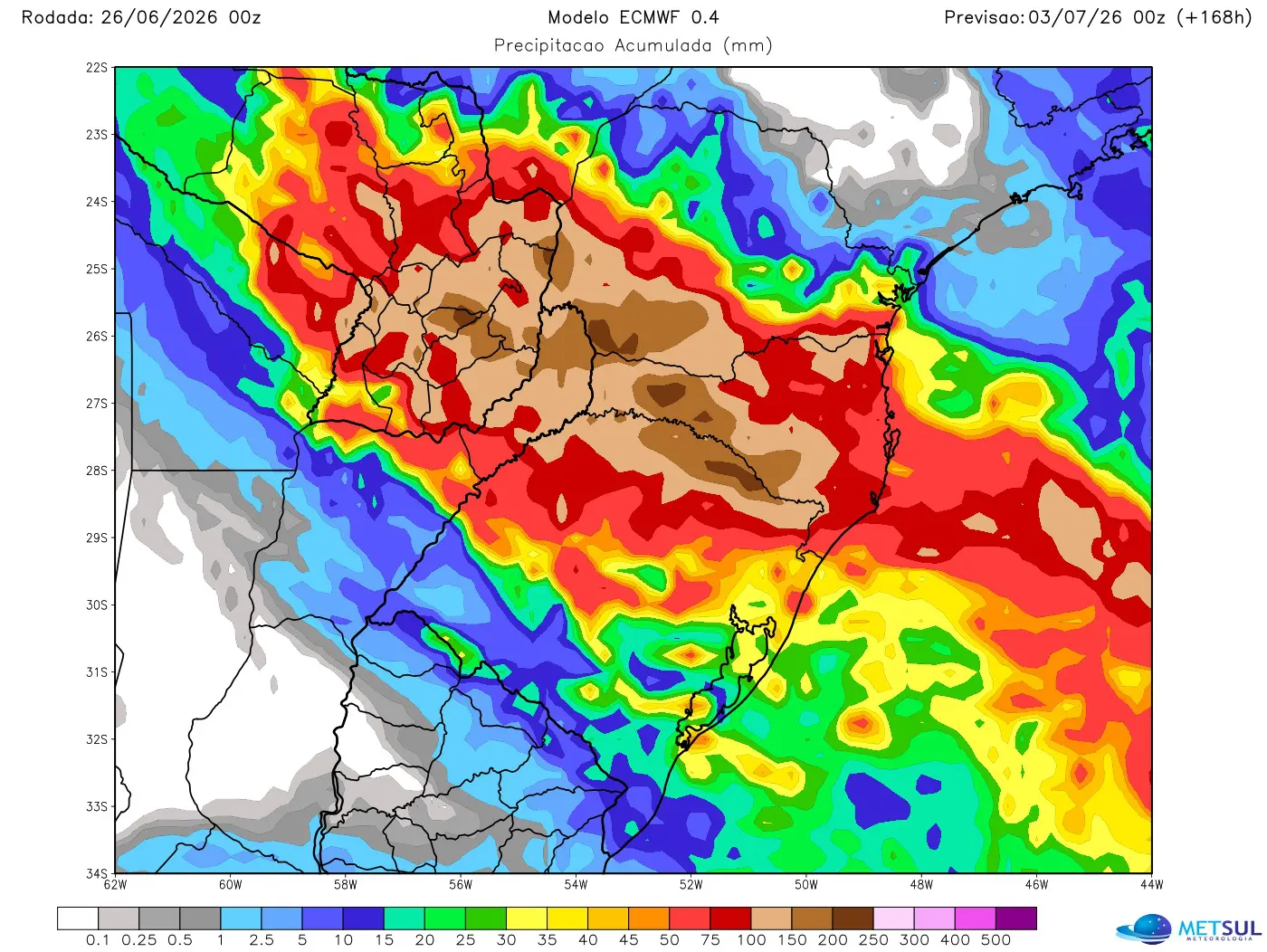 Projeção de modelo de chuva para sete dias no Sul do Brasil