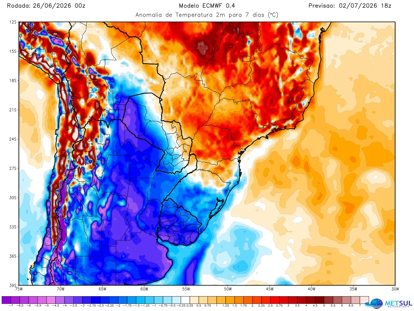 Mapa de temperatura no Centro da América do Sul