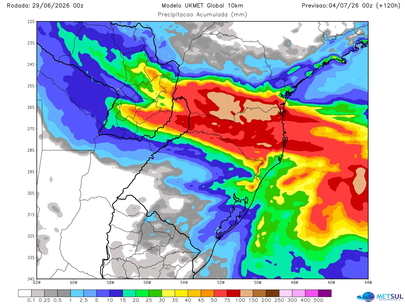Mapa de modelo com a projeção de chuva para cinco dias