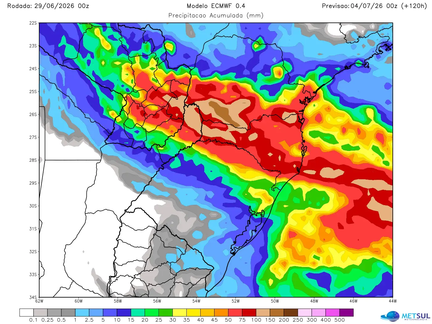 Mapa de modelo com a projeção de chuva para cinco dias