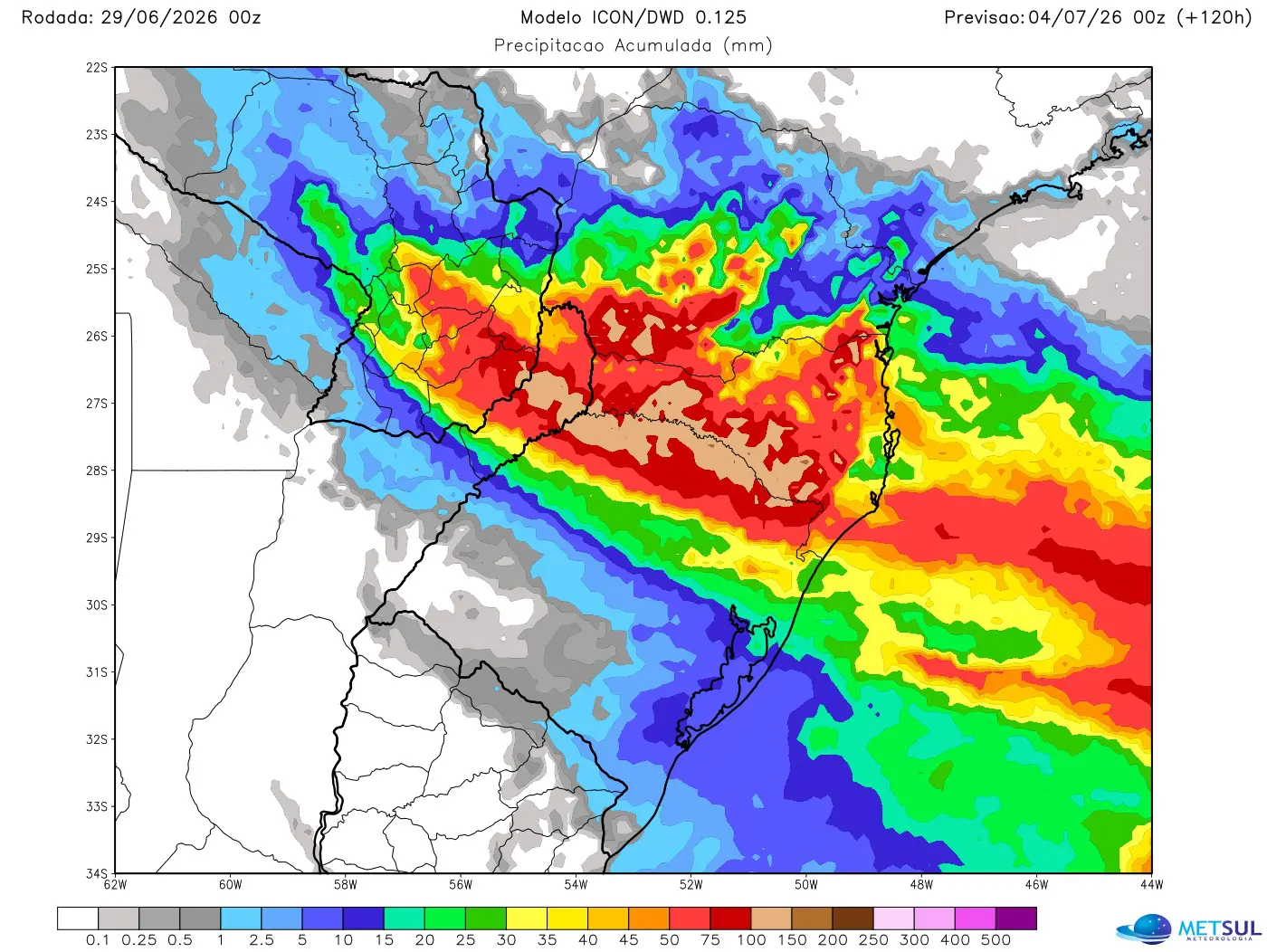 Mapa de modelo com a projeção de chuva para cinco dias