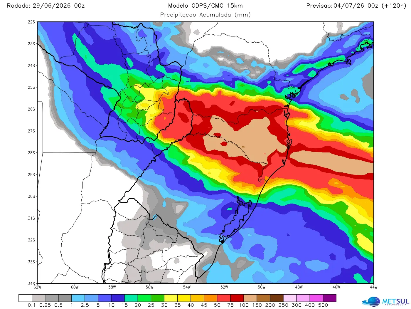 Mapa de modelo com a projeção de chuva para cinco dias 