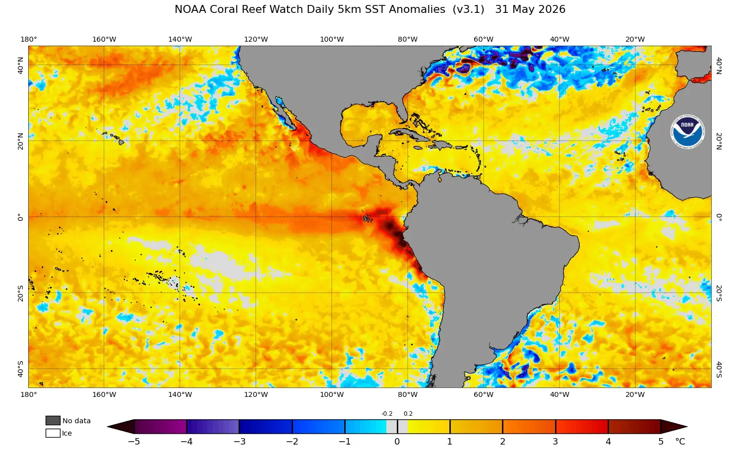Mapa de anomalia de temperatura do mar mostra El Niño em estágios iniciais