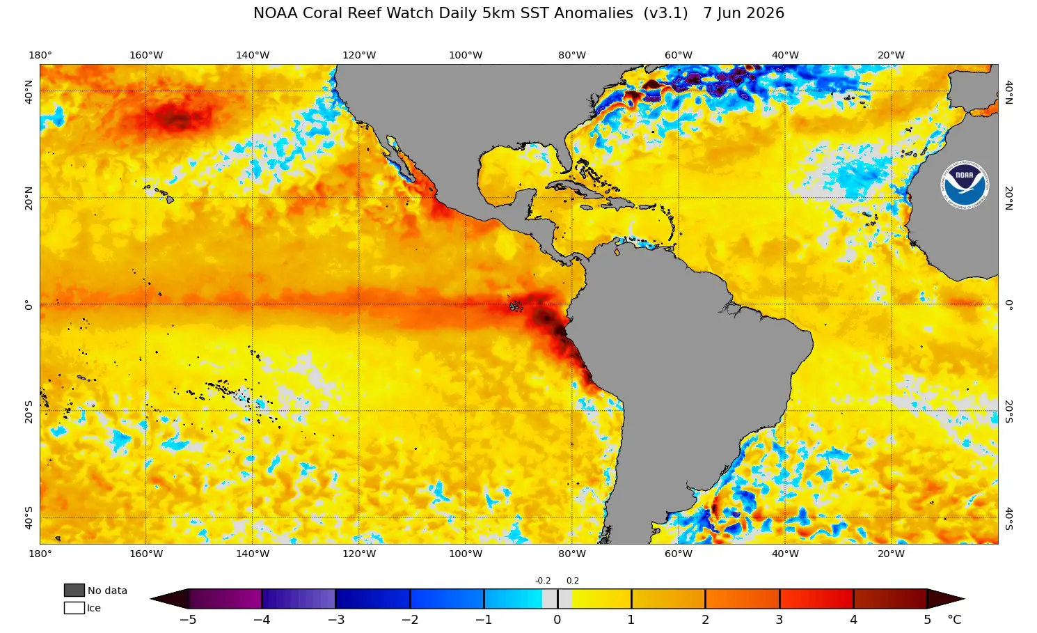 Mapa de anomalia de temperatura da superfície do mar da NOAA mostra situação clássica de El Niño com faixa de águas muito quentes na região equatorial