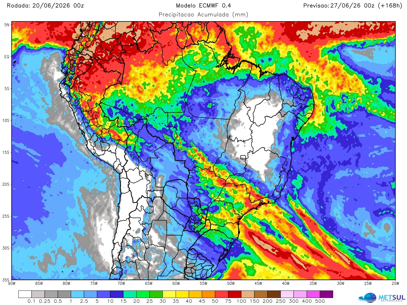 Mapa de chuva com a frente fria