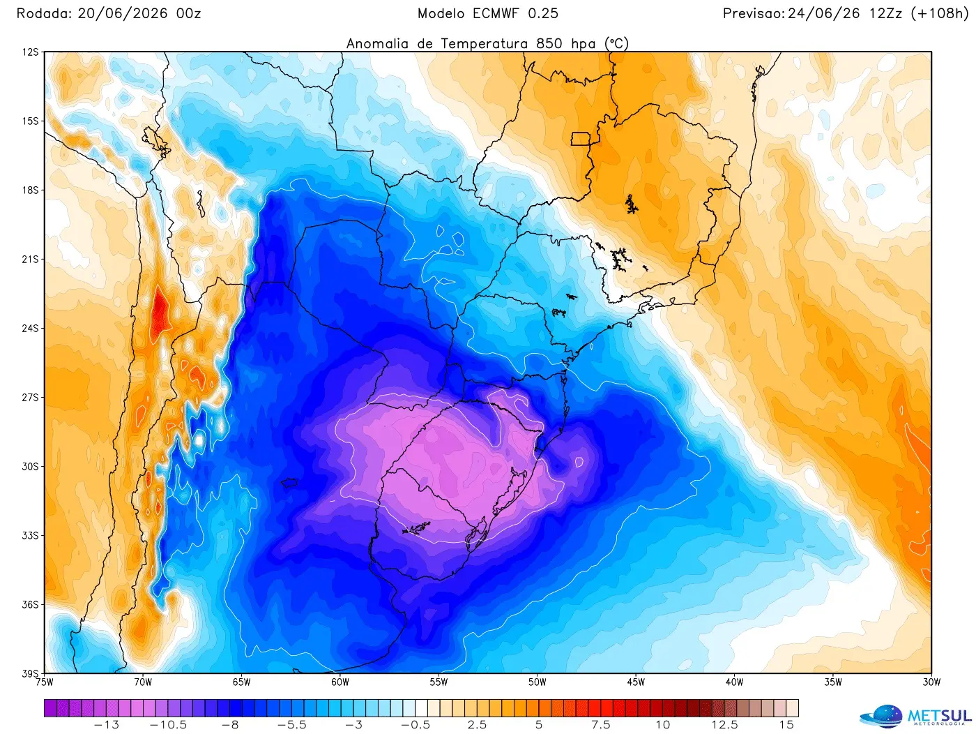 Mapa da massa de ar frio que vai avançar na retaguarda da frente fria