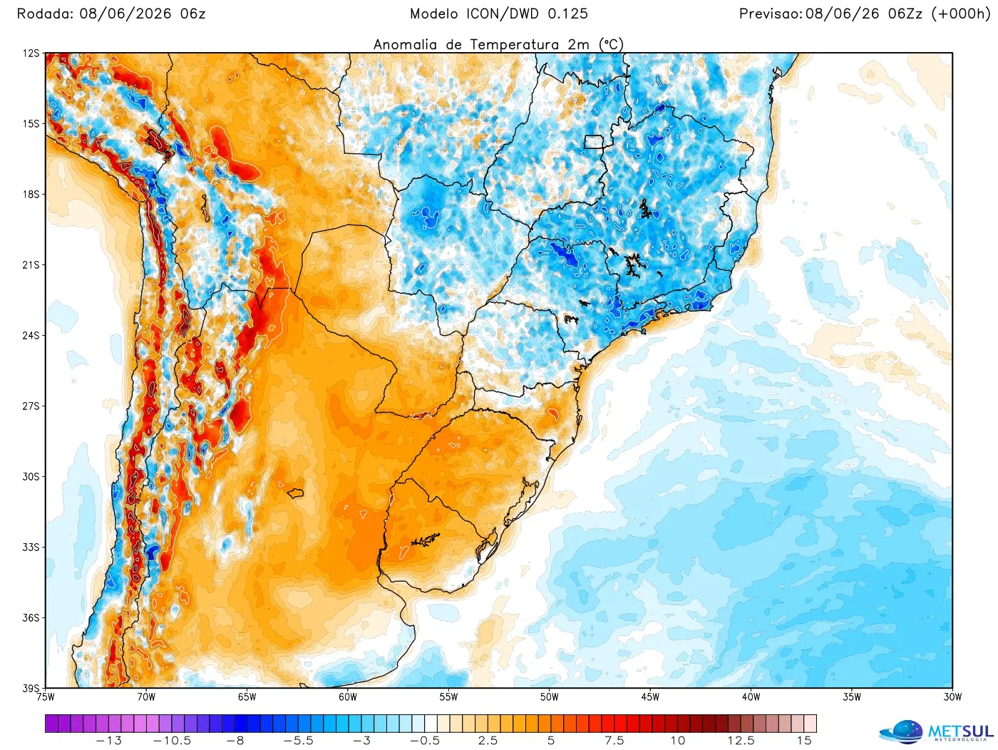 Mapa de frio no Centro-Sul do Brasil