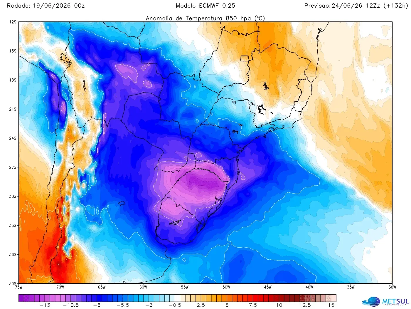 Mapa da MetSul do modelo europeu mostra massa de ar frio no Sul do Brasil