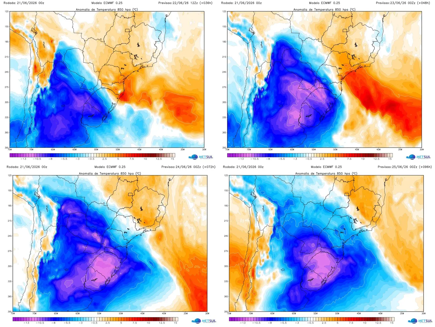 Mapas do modelo europeu mostram a invasão do ar frio de origem polar no Brasil