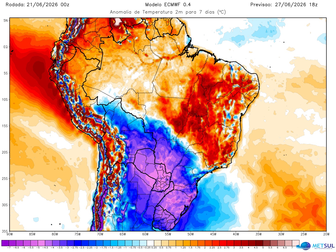 Mapa de anomalia de temperatura (desvio da média) do modelo meteorológico europeu para esta semana no Brasil