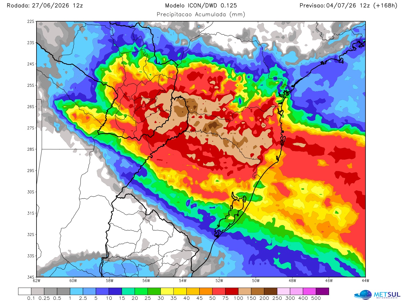 Mapa de chuva para sete dias no Sul do Brasil do modelo Icon