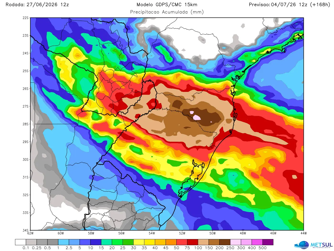 Mapa de chuva para sete dias no Sul do Brasil do modelo canadense