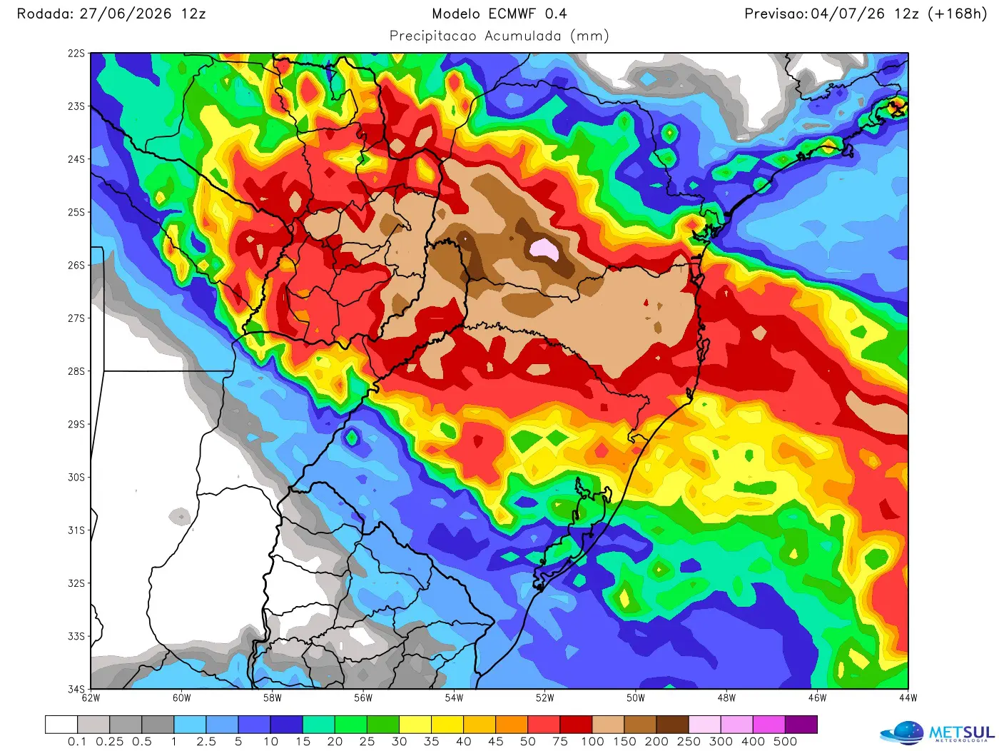 Mapa de chuva para sete dias no Sul do Brasil do modelo europeu ECMWF