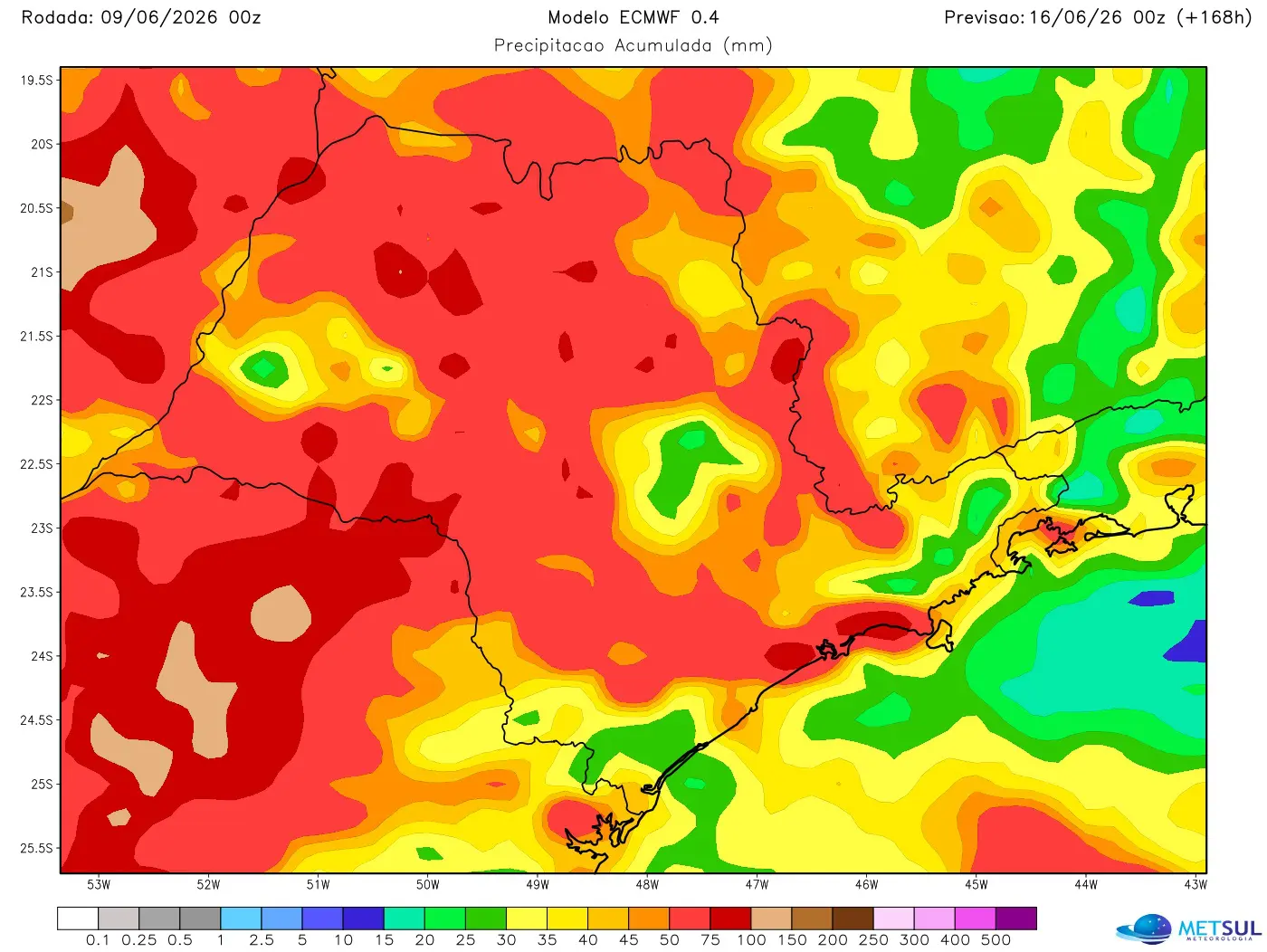 Mapa de projeção de chuva para sete dias em São Paulo