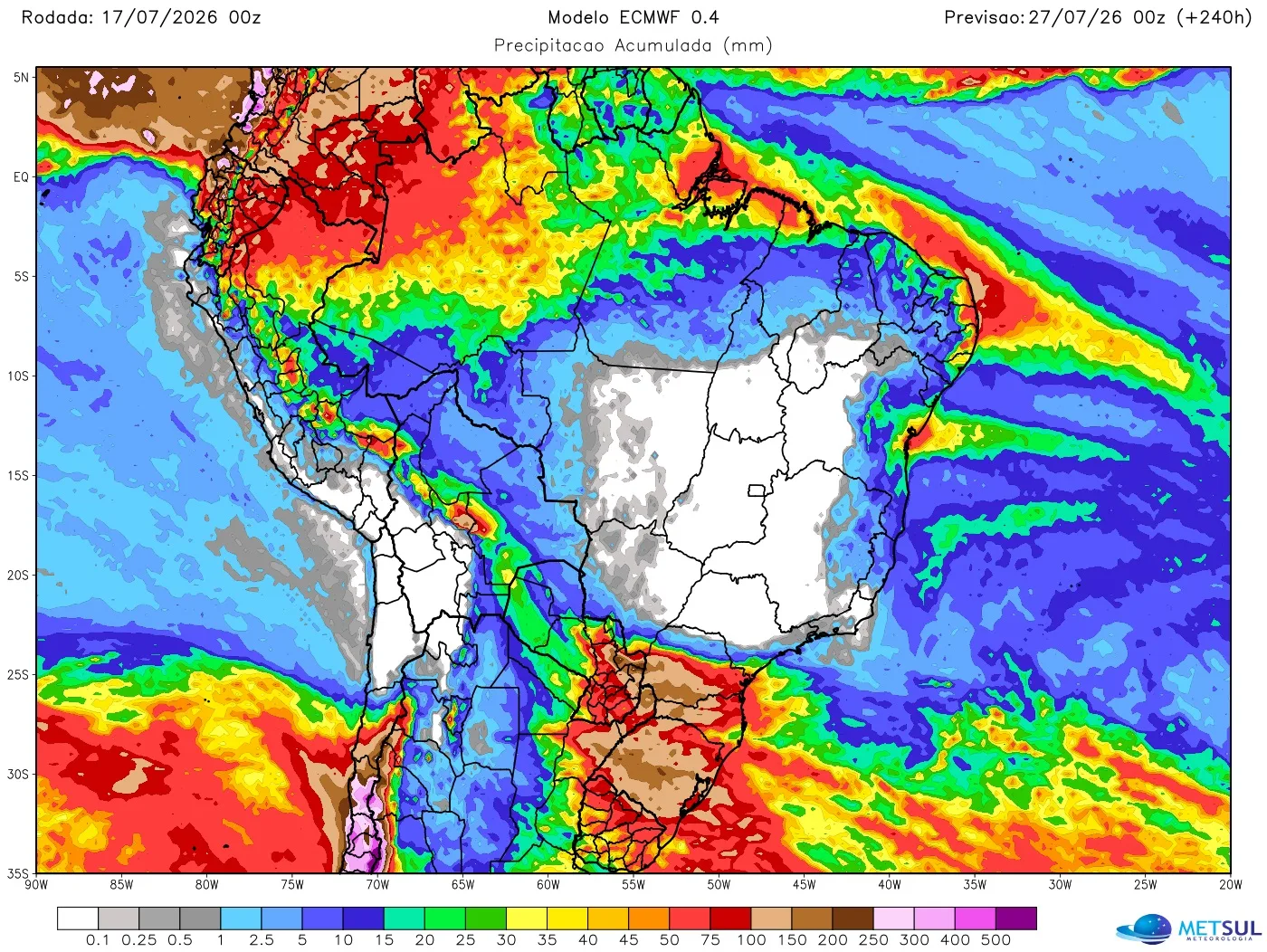 Mapa de chuva no Brasil nos próximos dez dias 