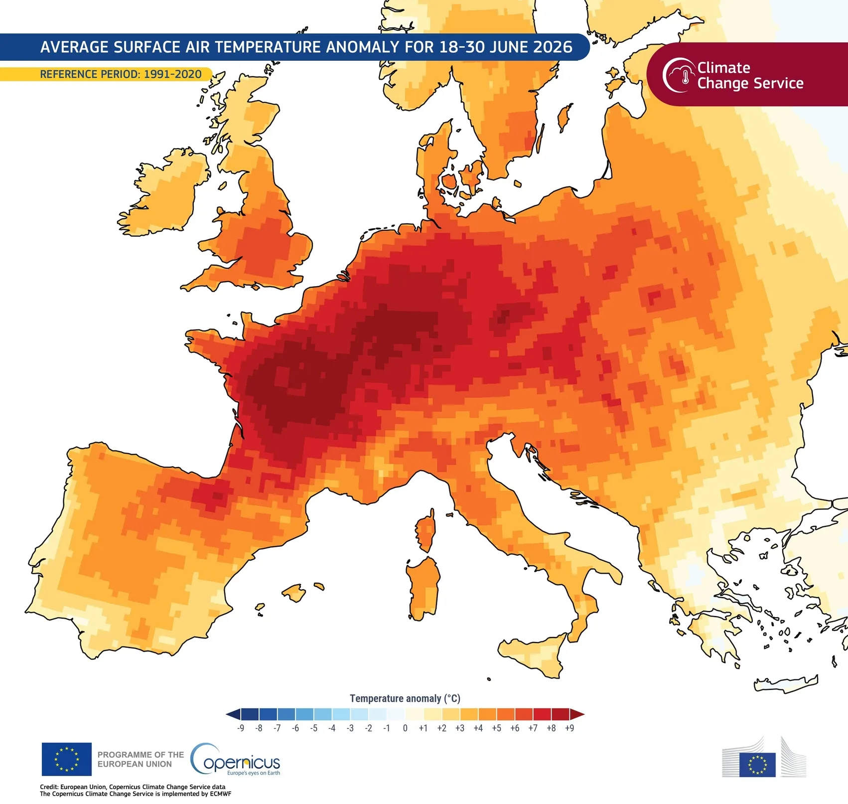 Mapa de onda de calor na Europa 