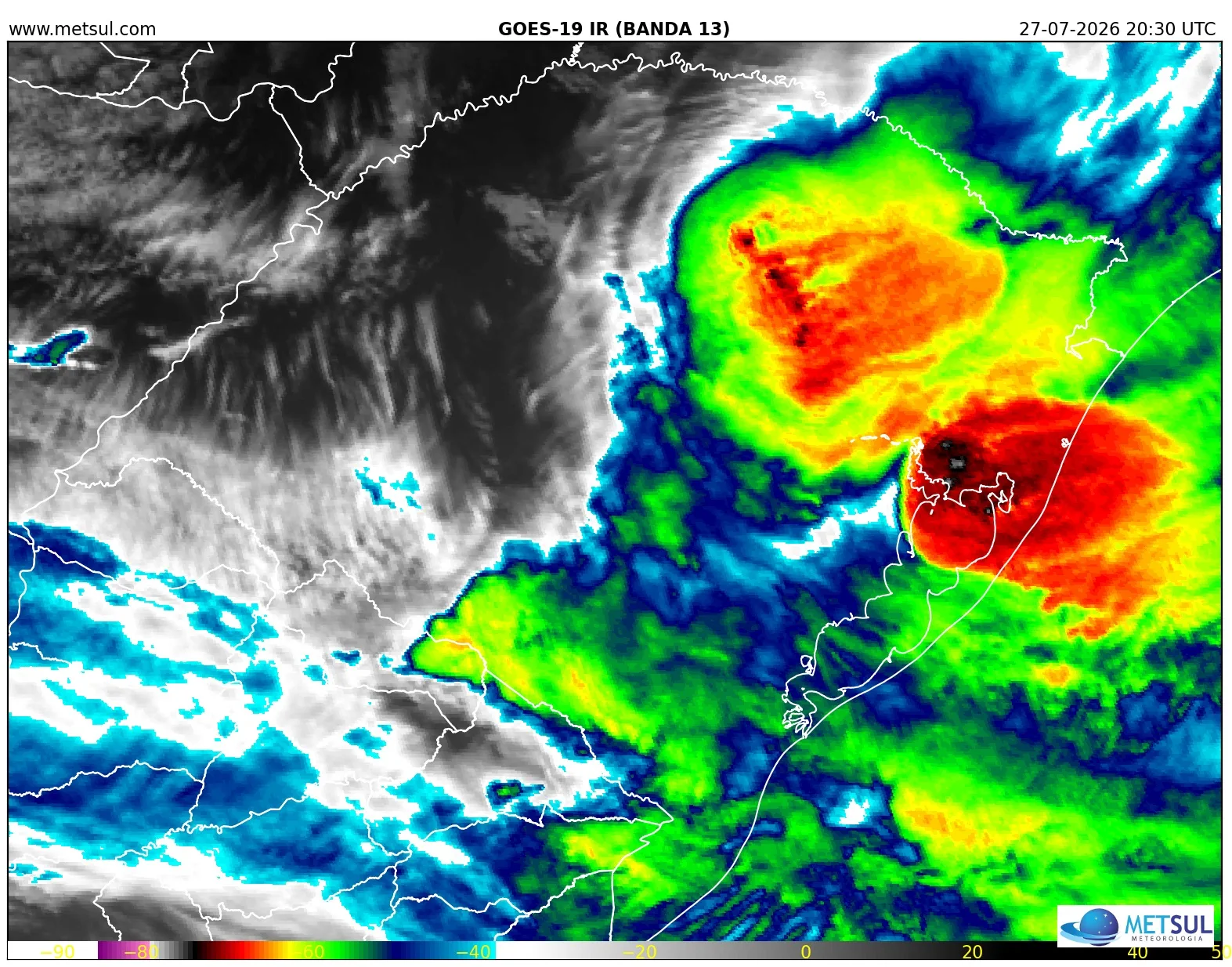 Imagem do satélite GOES-19 do momento do temporal em Não-Me-Toque 