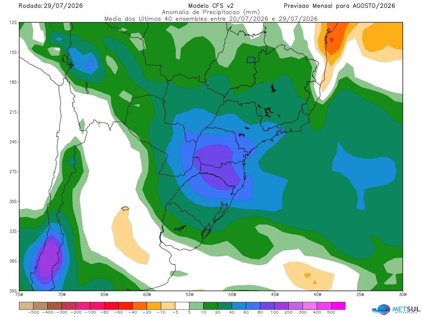 Projeção de anomalia de chuva para agosto do modelo CFS