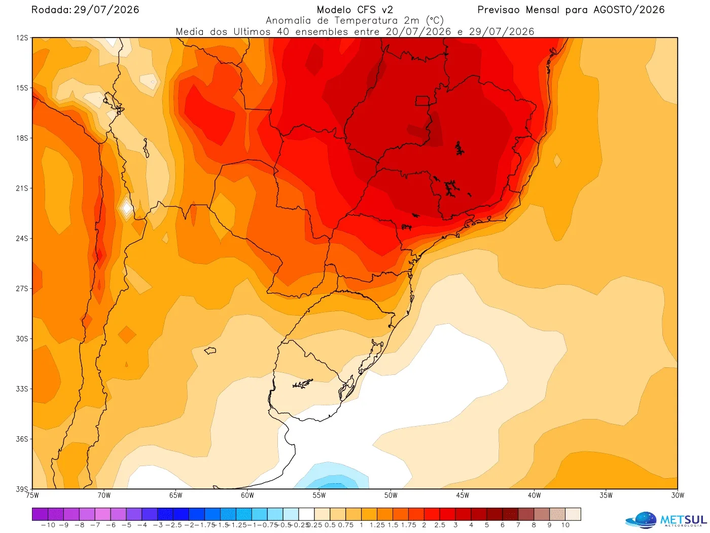 Projeção de anomalia de temperatura para agosto do modelo CFS