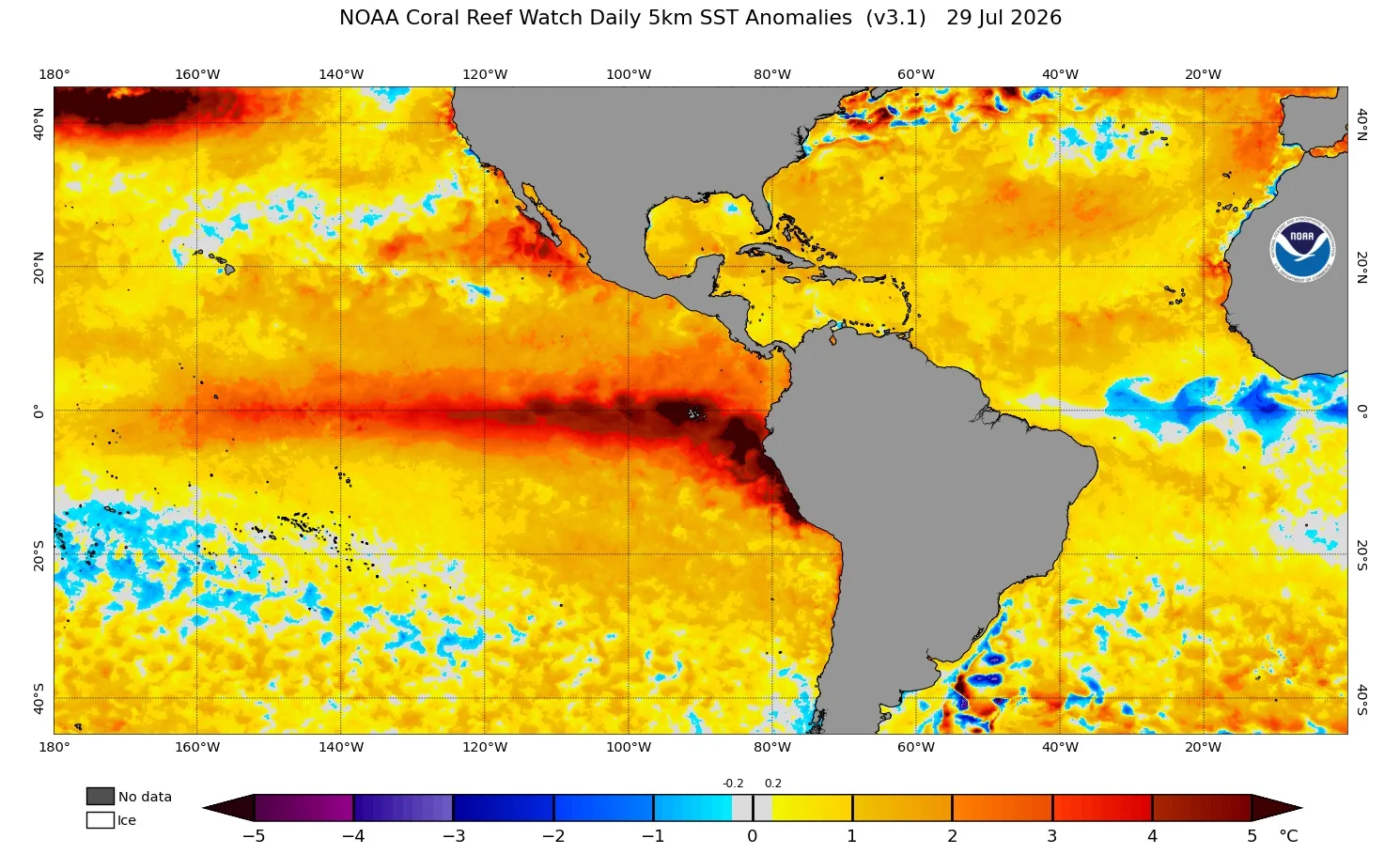 Mapa de anomalia de temperatura da superfície do mar mostra El Niño intenso e que vai ganhar ainda mais força com impacto no clima em agosto