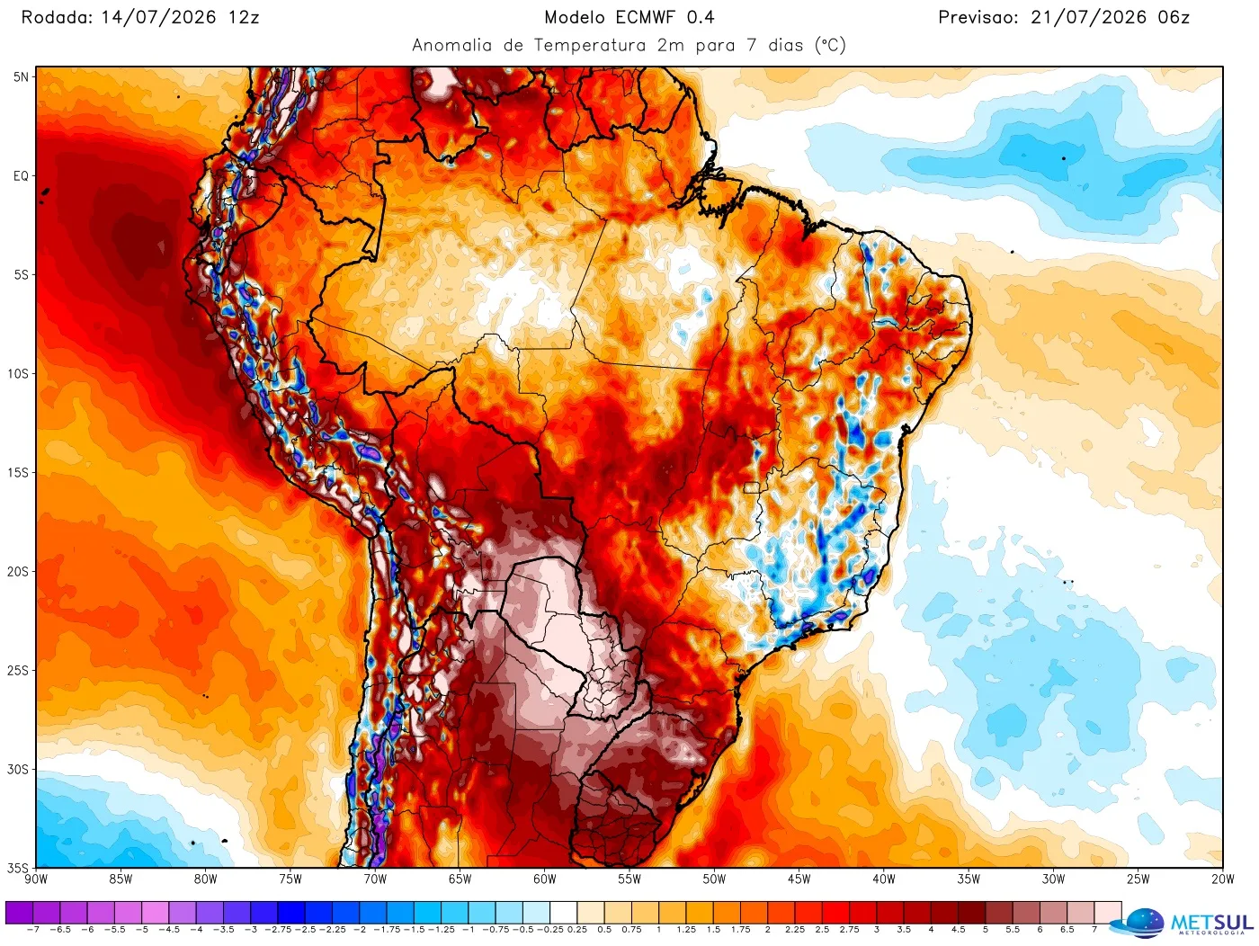 Mapa de anomalia de temperatura em superfície do modelo europeu para sete dias mostra a bolha de calor