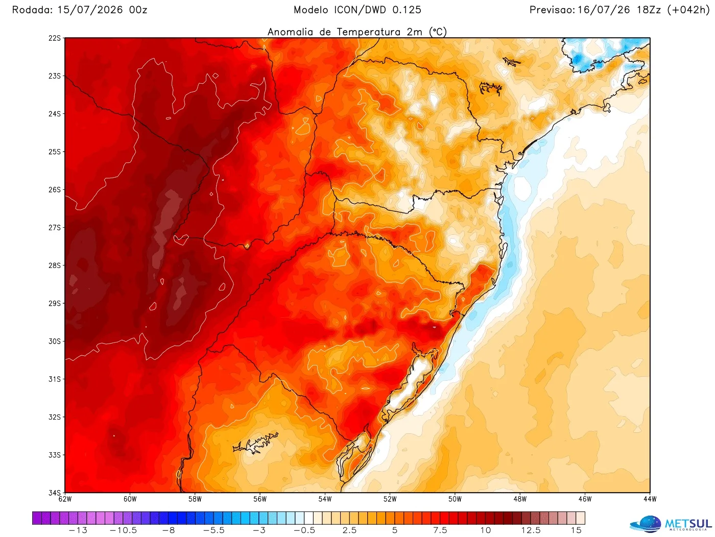 Mapa de anomalia de temperatura em superfície do modelo Icon para quinta