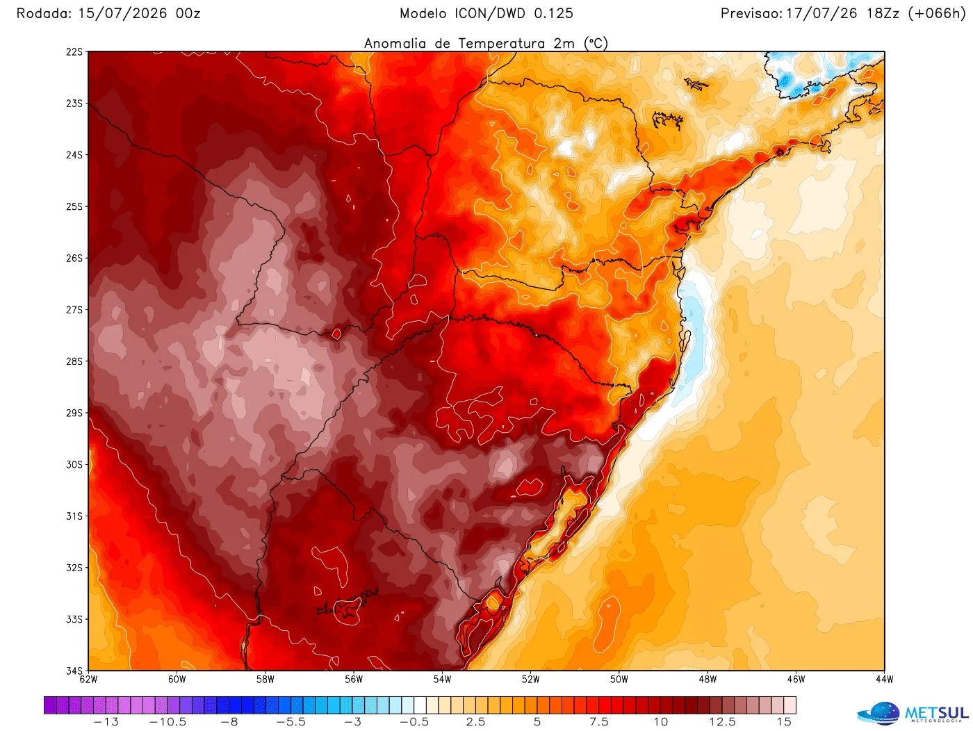 Mapa de anomalia de temperatura em superfície do modelo Icon para sexta