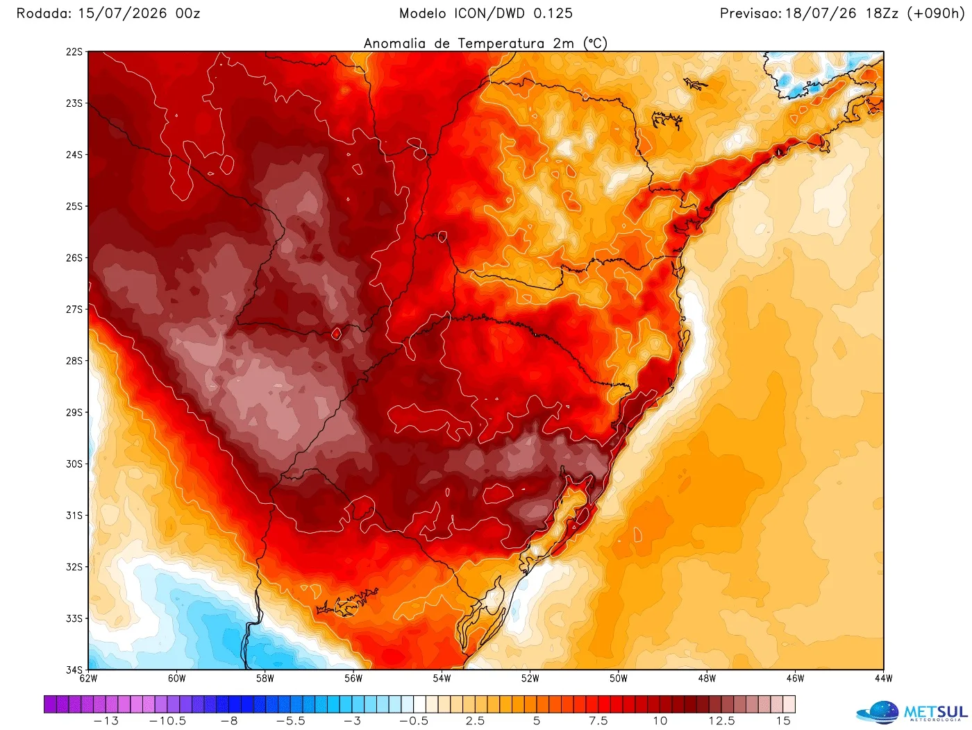 Mapa de anomalia de temperatura em superfície do modelo Icon para sábado