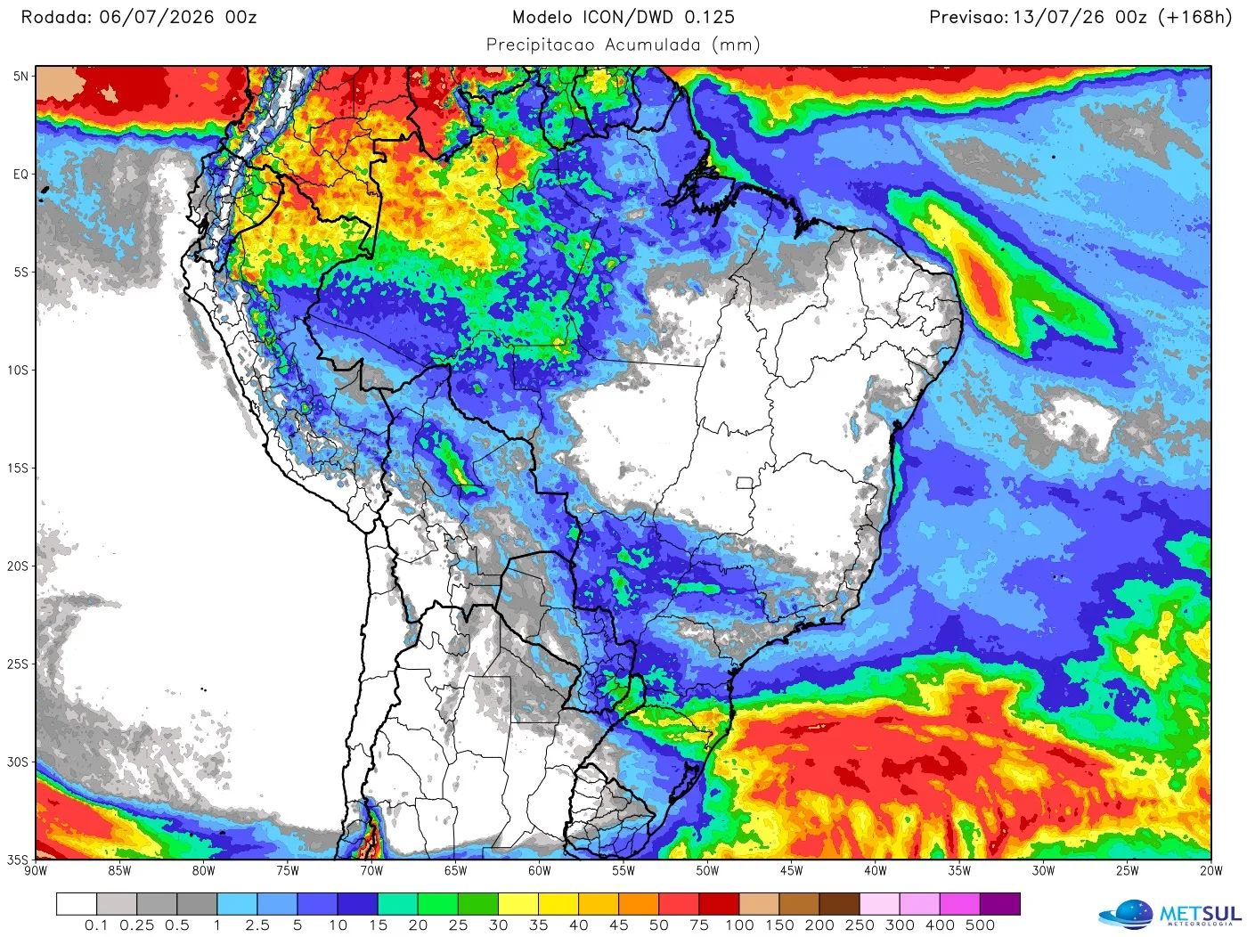 Mapa de chuva no Brasil na semana 