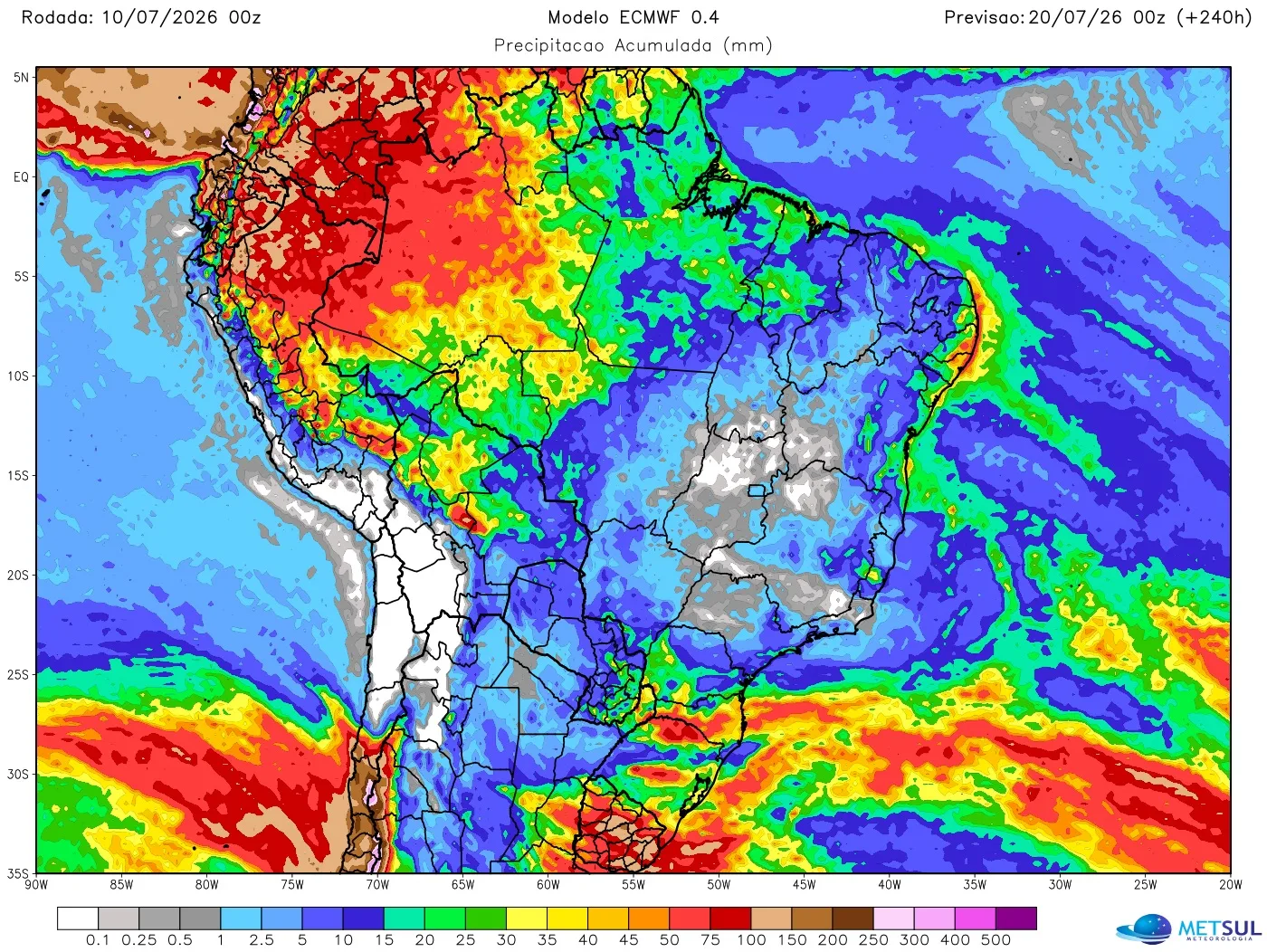 Mapa de chuva no Brasil nos próximos dez dias 